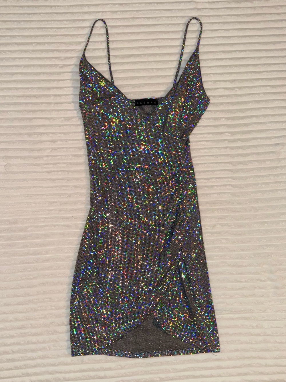 Y2K Sequin Bodycon Mini Dress Holographic Clubwear Made in USA Size Medium